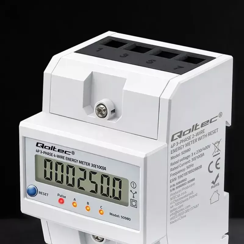 Trīsfāžu enerģijas skaitītājs QOLTEC 50980 — 400 V, 100 A ar atiestati