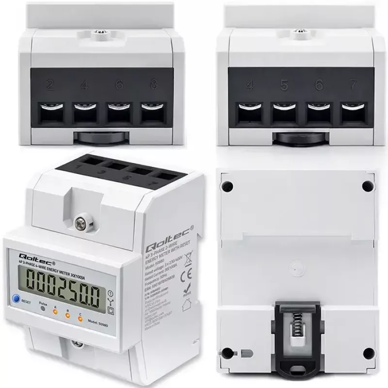 Trīsfāžu enerģijas skaitītājs QOLTEC 50980 — 400 V, 100 A ar atiestati