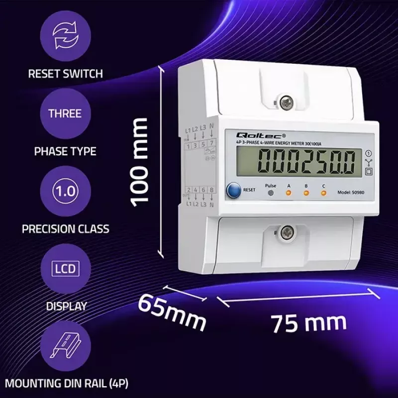 Trīsfāžu enerģijas skaitītājs QOLTEC 50980 — 400 V, 100 A ar atiestati