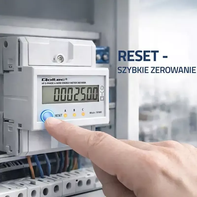 Trīsfāžu enerģijas skaitītājs QOLTEC 50980 — 400 V, 100 A ar atiestati