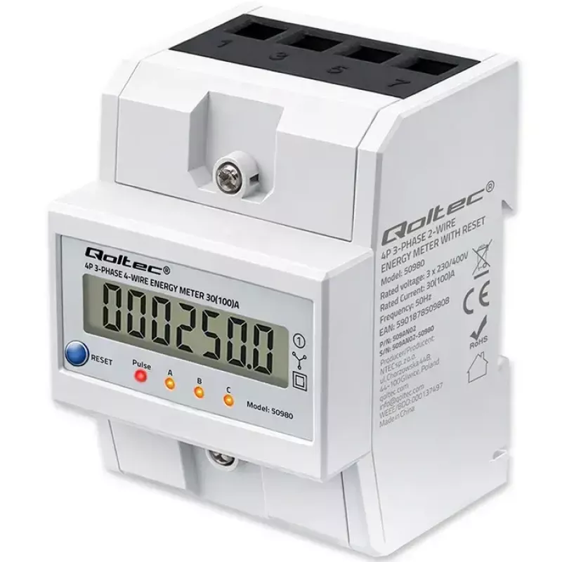 Trīsfāžu enerģijas skaitītājs QOLTEC 50980 — 400 V, 100 A ar atiestati