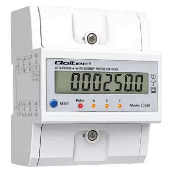 Trīsfāžu enerģijas skaitītājs QOLTEC 50980 — 400 V, 100 A ar atiestati