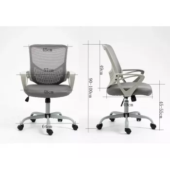 Biroja grozāmais krēsls ActiveJet YK507 — polsterēts sēdeklis, sieta atzveltne, auduma polsterējums pelēks, augstums 90–100 cm, atzveltnes platums 45 cm