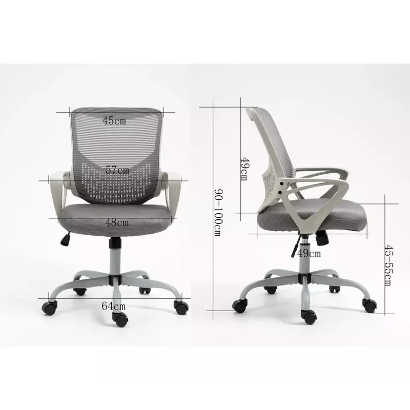 Biroja grozāmais krēsls ActiveJet YK507 — polsterēts sēdeklis, sieta atzveltne, auduma polsterējums pelēks, augstums 90–100 cm, atzveltnes platums 45 cm