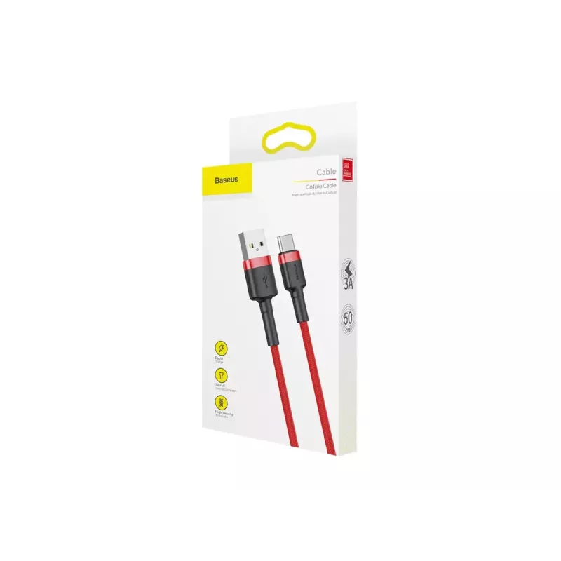 USB-A uz USB-C kabelis Baseus Cafule — USB 2.0 A→C, QC3.0 atbalsts, neilona pīts, sarkans