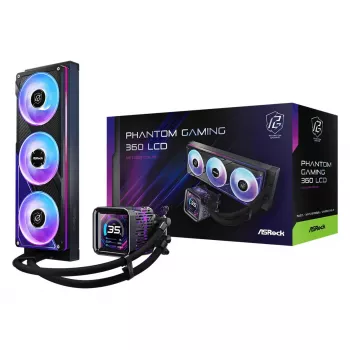 Šķidruma dzesēšanas komplekts ASRock Phantom Gaming 360 LCD — 120 mm ventilatori, LGA1700/AM5/AM4, Melns