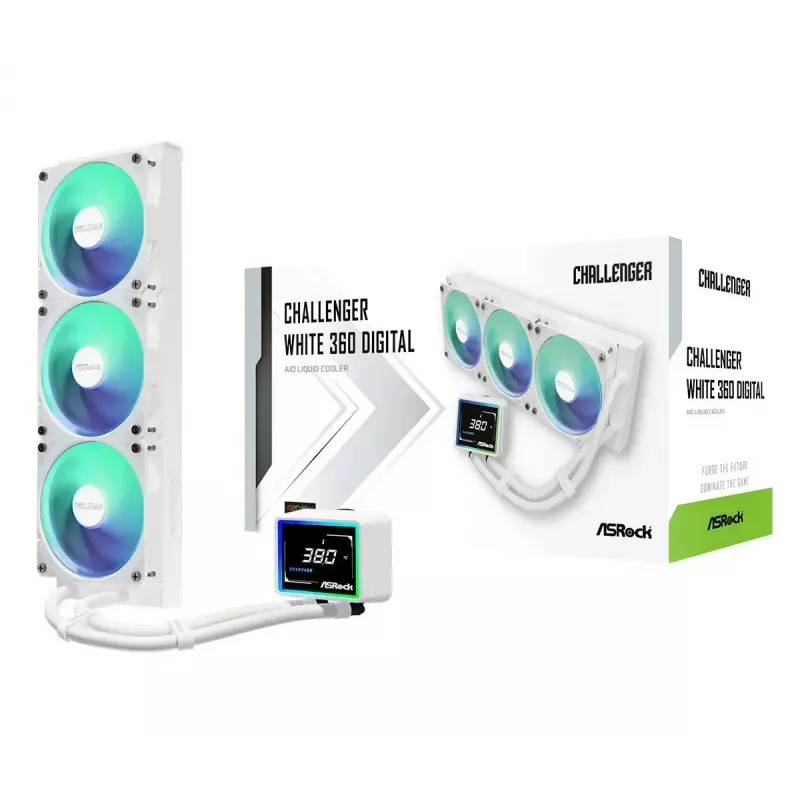ASROCK Challenger 360 Digital ARGB White — 360 mm šķidruma dzesētājs, digitālais ARGB apgaismojums, balts korpuss