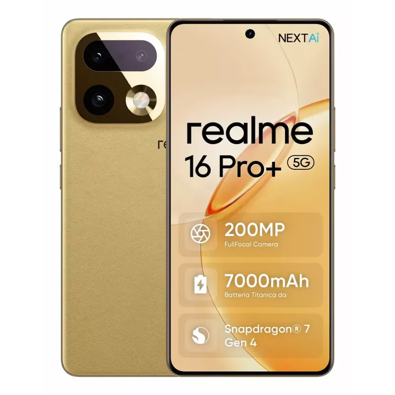 Viedtālrunis REALME realme 16 Pro+ — 6,8 collu (17,3 cm) 1280×2800, Snapdragon 7 Gen 4, 12 GB RAM, 512 GB, 200 MP, 7000 mAh, Zelts