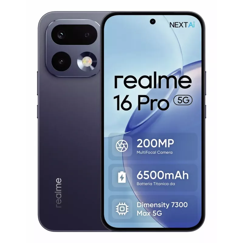 Viedtālrunis REALME realme 16 Pro 6.8 collu Dual SIM 5G — MediaTek Dimensity, 8 GB RAM, 512 GB, 200 MP, 6500 mAh, Pelēks