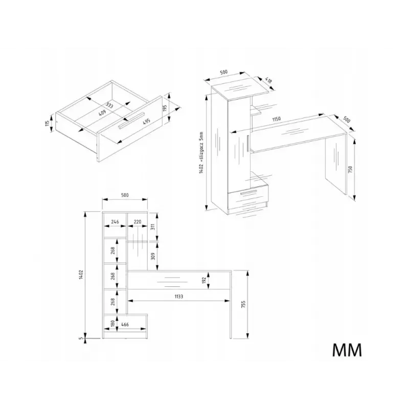 Rakstāmgalda un plauktu komplekts COSMO Oak Artisan – Darba virsma 115×50 cm, Platums 1430 mm, Augstums 1400 mm, Dziļums 500 mm, 1 atvilktne