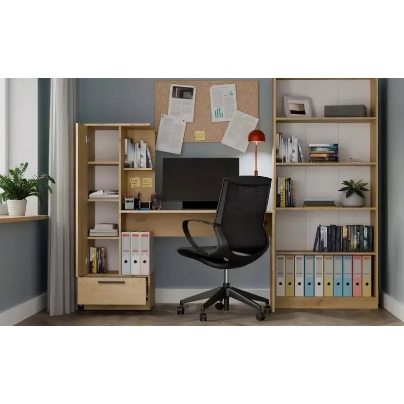 Rakstāmgalda un plauktu komplekts COSMO Oak Artisan – Darba virsma 115×50 cm, Platums 1430 mm, Augstums 1400 mm, Dziļums 500 mm, 1 atvilktne