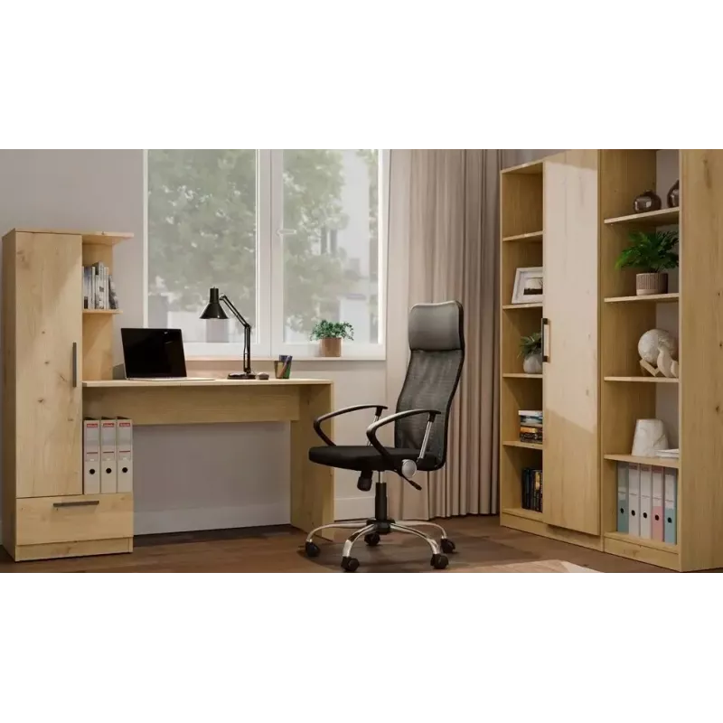 Rakstāmgalda un plauktu komplekts COSMO Oak Artisan – Darba virsma 115×50 cm, Platums 1430 mm, Augstums 1400 mm, Dziļums 500 mm, 1 atvilktne