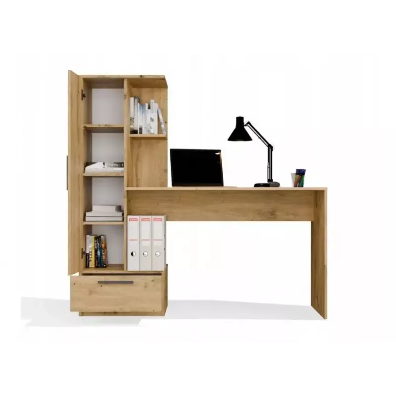 Rakstāmgalda un plauktu komplekts COSMO Oak Artisan – Darba virsma 115×50 cm, Platums 1430 mm, Augstums 1400 mm, Dziļums 500 mm, 1 atvilktne