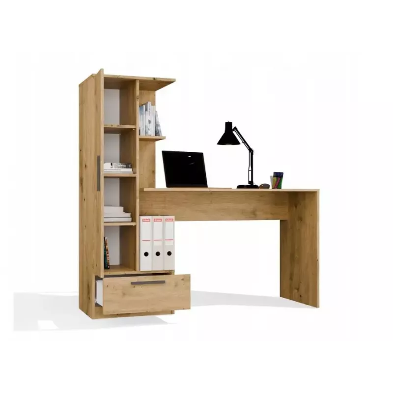 Rakstāmgalda un plauktu komplekts COSMO Oak Artisan – Darba virsma 115×50 cm, Platums 1430 mm, Augstums 1400 mm, Dziļums 500 mm, 1 atvilktne