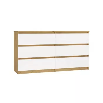 Kumode MALWA M6 — 6 atvilktnēm, 1380×400×750 mm, ozolkoka rāmis, baltas fasādes