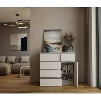 Kumode MALWA 1D5S, 5 atvilktnes, 1 veramas durvis, balta, 1000×400×930 mm, skaidu plātne
