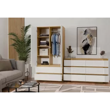Skapis MALWA SS-90, 900×500×1800 mm, ozolkoka rāmis, baltas veramas durvis, 2 atvilktnes, skaidu plātne