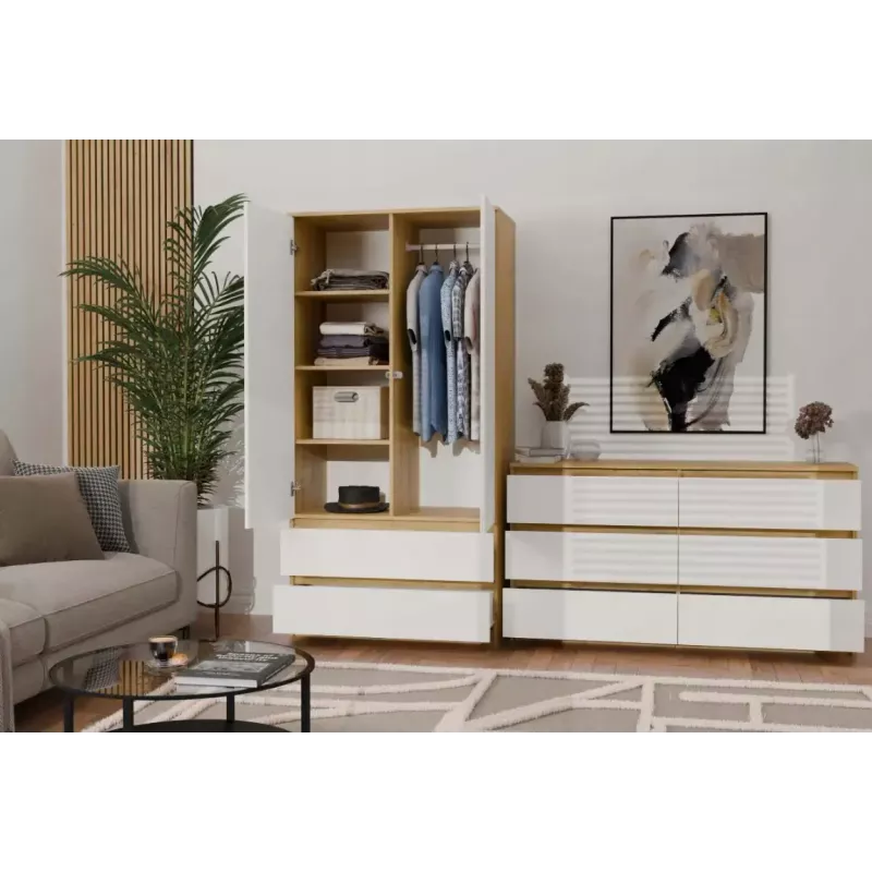 Skapis MALWA SS-90, 900×500×1800 mm, ozolkoka rāmis, baltas veramas durvis, 2 atvilktnes, skaidu plātne