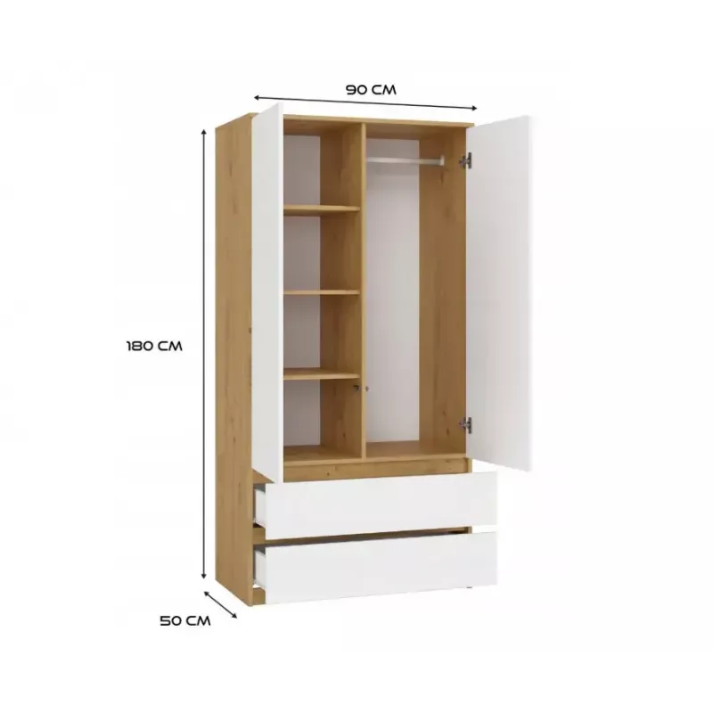 Skapis MALWA SS-90, 900×500×1800 mm, ozolkoka rāmis, baltas veramas durvis, 2 atvilktnes, skaidu plātne
