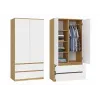 Skapis MALWA SS-90, 900×500×1800 mm, ozolkoka rāmis, baltas veramas durvis, 2 atvilktnes, skaidu plātne