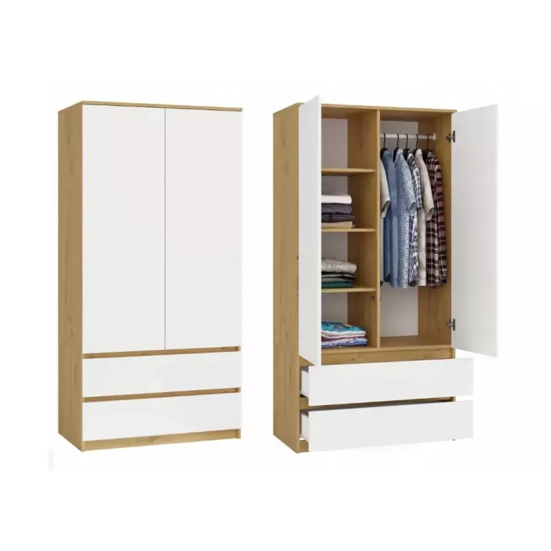 Skapis MALWA SS-90, 900×500×1800 mm, ozolkoka rāmis, baltas veramas durvis, 2 atvilktnes, skaidu plātne