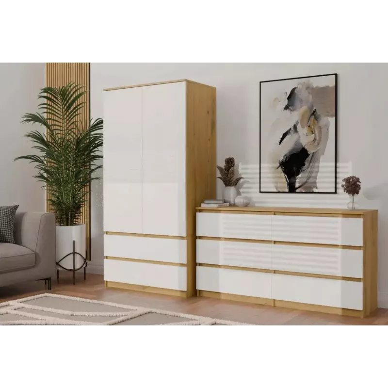 Skapis MALWA SS-90, 900×500×1800 mm, ozolkoka rāmis, baltas veramas durvis, 2 atvilktnes, skaidu plātne