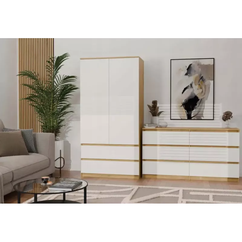 Skapis MALWA SS-90, 900×500×1800 mm, ozolkoka rāmis, baltas veramas durvis, 2 atvilktnes, skaidu plātne