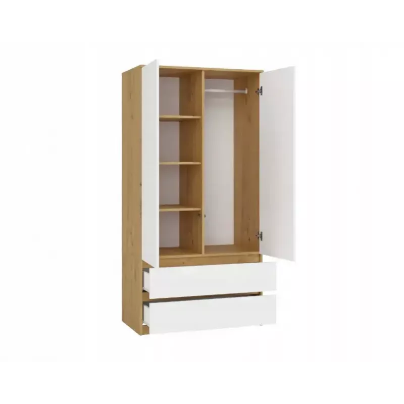 Skapis MALWA SS-90, 900×500×1800 mm, ozolkoka rāmis, baltas veramas durvis, 2 atvilktnes, skaidu plātne