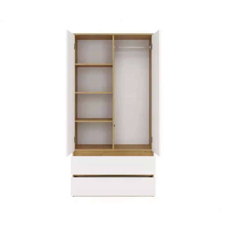 Skapis MALWA SS-90, 900×500×1800 mm, ozolkoka rāmis, baltas veramas durvis, 2 atvilktnes, skaidu plātne