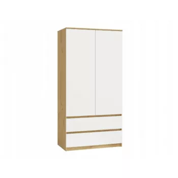 Skapis MALWA SS-90, 900×500×1800 mm, ozolkoka rāmis, baltas veramas durvis, 2 atvilktnes, skaidu plātne
