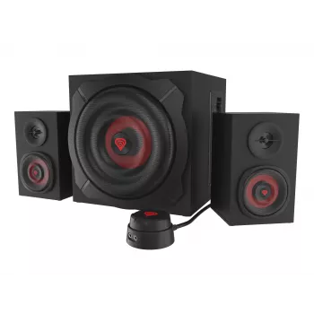Skaļruņu komplekts GENESIS Helium 610BT 2.1, 60 W RMS, Bluetooth, vadu, sarkans/melns, kompakts zemfrekvenču skaļrunis