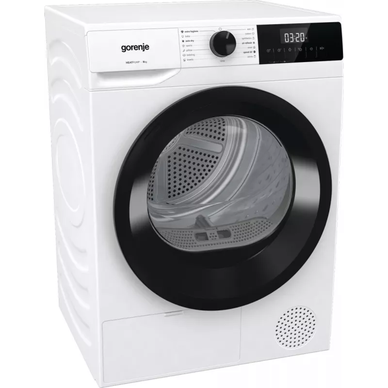 Gorenje DHNE82 BK040 žāvētājs, brīvi stāvošs, priekšējā ielāde, siltumsūknis, balts, pogas, rotācijas, pa labi
