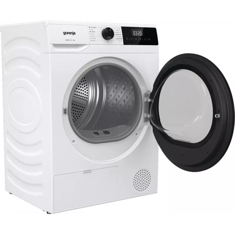 Gorenje DHNE82 BK040 žāvētājs, brīvi stāvošs, priekšējā ielāde, siltumsūknis, balts, pogas, rotācijas, pa labi