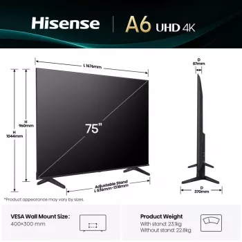 Hisense 75A6Q televizors 190.5 cm (75 collu) 4K Ultra HD Smart TV Wi-Fi Melns
