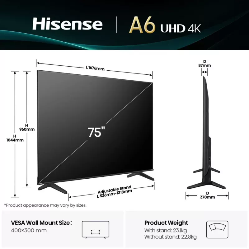Hisense 75A6Q televizors 190.5 cm (75 collu) 4K Ultra HD Smart TV Wi-Fi Melns