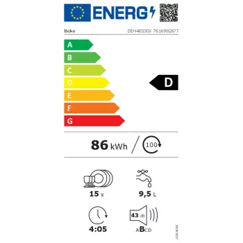 Brīvi stāvoša trauku mazgājamā mašīna BEKO DEN48530X, 15 komplekti, 8 programmas, 44 dB, 598×850×600 mm
