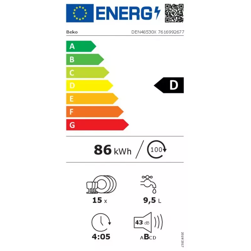 Brīvi stāvoša trauku mazgājamā mašīna BEKO DEN48530X, 15 komplekti, 8 programmas, 44 dB, 598×850×600 mm