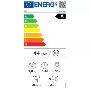 Veļas mašīna TCL FP0944WA0 — priekšējā ielāde, 9 kg, 1400 apgr./min, A klase, LED displejs, tvaika funkcija, 60×56×85 cm, balta