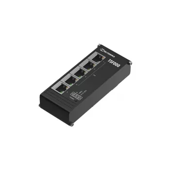 Nepārvaldīts Fast Ethernet PoE galda slēdzis Teltonika TSF000 — 5× 10/100 RJ-45, IEEE 802.3af/at, DC 7–57V, melns