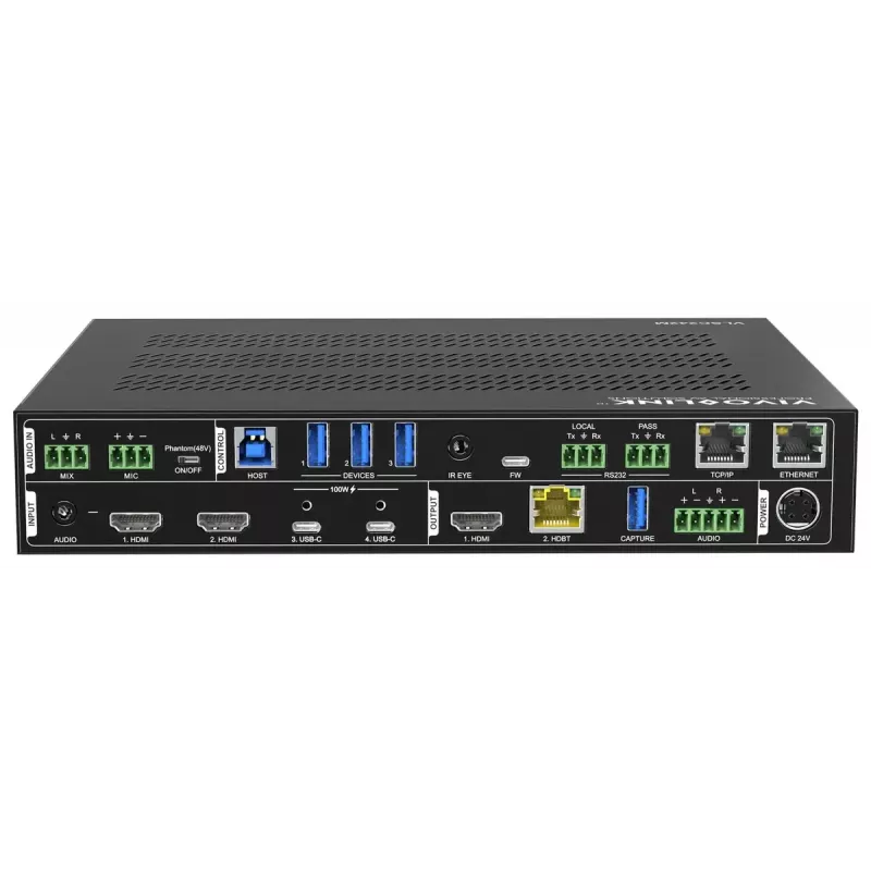 Vivolink video skalotājs VLSC242M, metāla korpuss, HDCP 1.4/2.2, AC 110–230V, 250×200×44 mm
