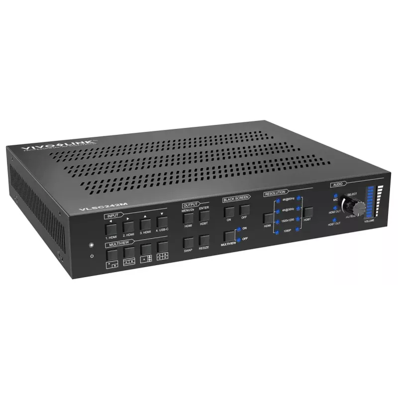 Vivolink video skalotājs VLSC242M, metāla korpuss, HDCP 1.4/2.2, AC 110–230V, 250×200×44 mm