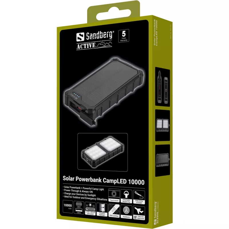 Sandberg Solar Powerbank CampLED 10000, 10000 mAh, Programmable Power Supply (PPS), 3.7 V, 15 W, Melns