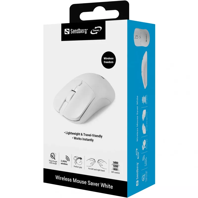 Sandberg Wireless Mouse Saver White, abpusēja, RF bezvadu, 1600 DPI, balta
