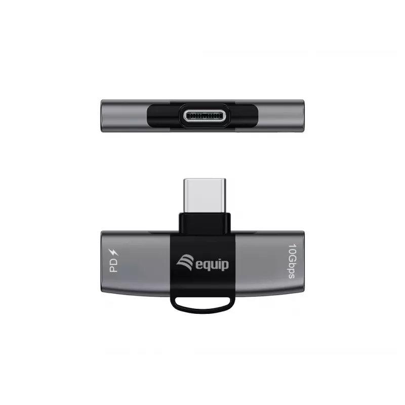 Adapteris USB-C OTG 2-in-1 EQUIP 133479 — 100W PD, 10Gbps, 1x USB-C uz 2x USB-C, pelēks