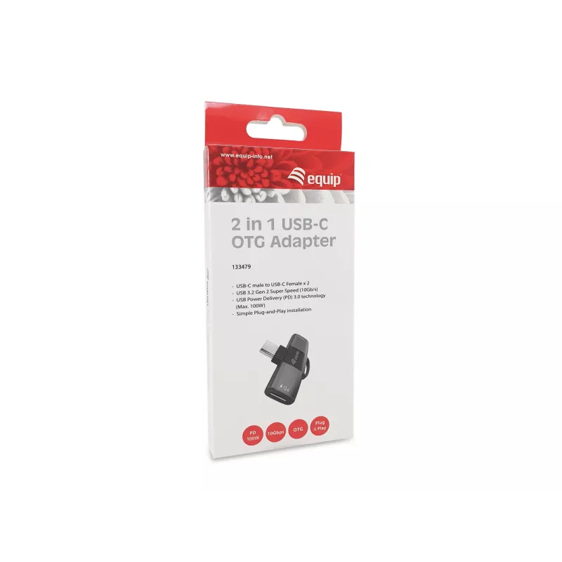 Adapteris USB-C OTG 2-in-1 EQUIP 133479 — 100W PD, 10Gbps, 1x USB-C uz 2x USB-C, pelēks