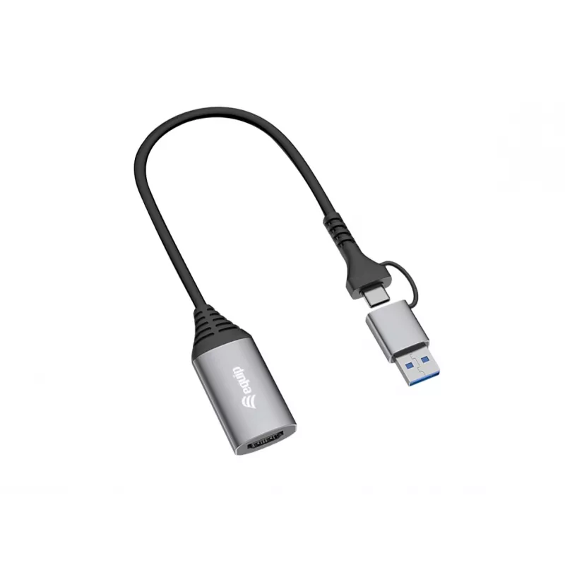 USB-HDMI adapteris EQUIP 133498 (USB-C un USB-A vīriešu uz HDMI, 1080p, alumīnija korpuss, pelēks)