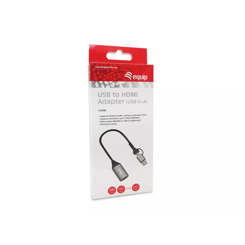 USB-HDMI adapteris EQUIP 133498 (USB-C un USB-A vīriešu uz HDMI, 1080p, alumīnija korpuss, pelēks)