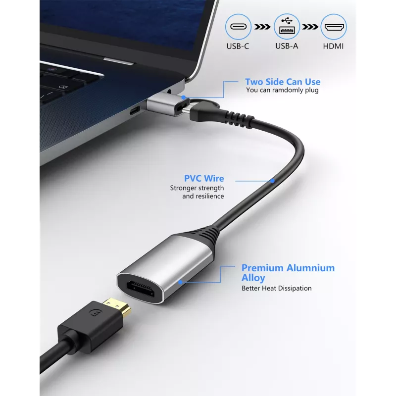 USB-HDMI adapteris EQUIP 133498 (USB-C un USB-A vīriešu uz HDMI, 1080p, alumīnija korpuss, pelēks)