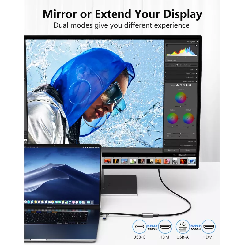 USB-HDMI adapteris EQUIP 133498 (USB-C un USB-A vīriešu uz HDMI, 1080p, alumīnija korpuss, pelēks)
