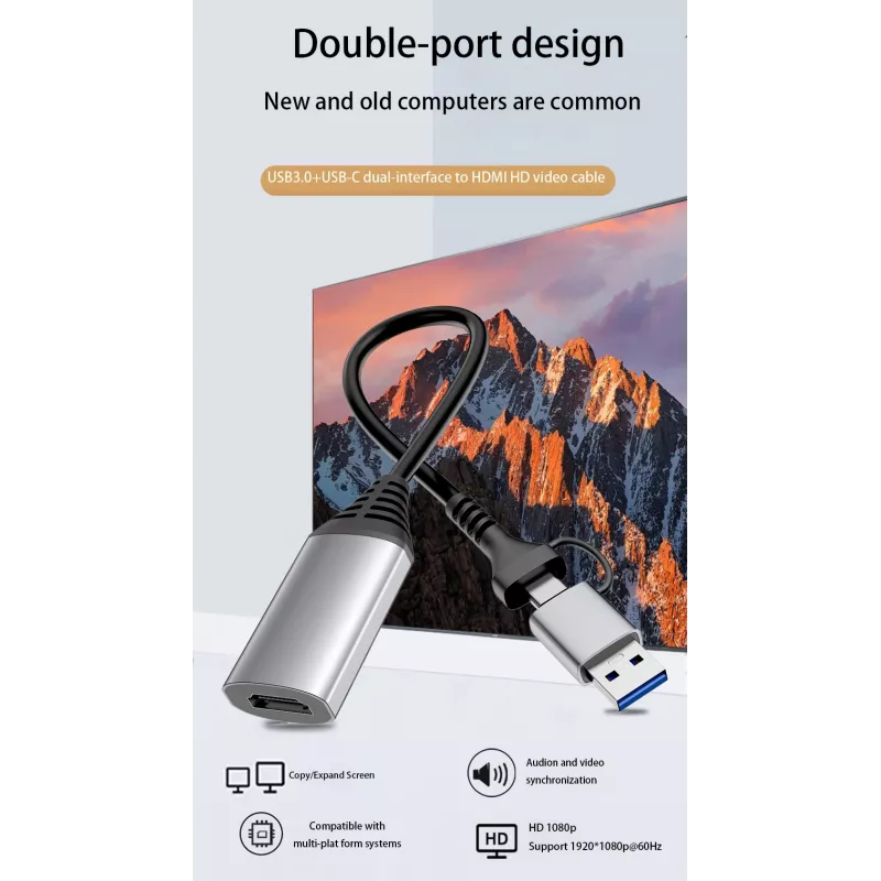 USB-HDMI adapteris EQUIP 133498 (USB-C un USB-A vīriešu uz HDMI, 1080p, alumīnija korpuss, pelēks)